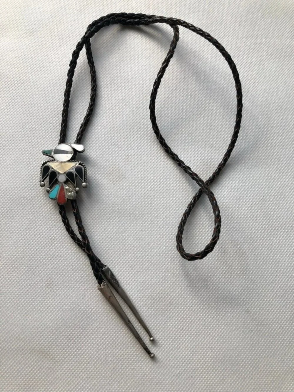 Vintage Zuni 925 Sterling Mosaic Inlay Thunderbird Peyote Bird Bolo Neck Tie
